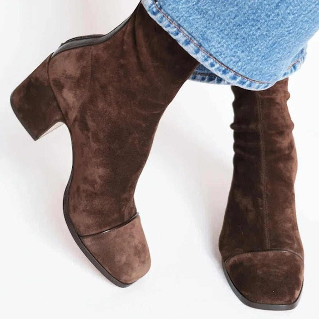 Women's Animal Print Toe Chunky Heel Boots in Soft Suede