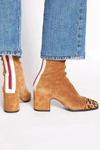 Women's Animal Print Toe Chunky Heel Boots in Soft Suede
