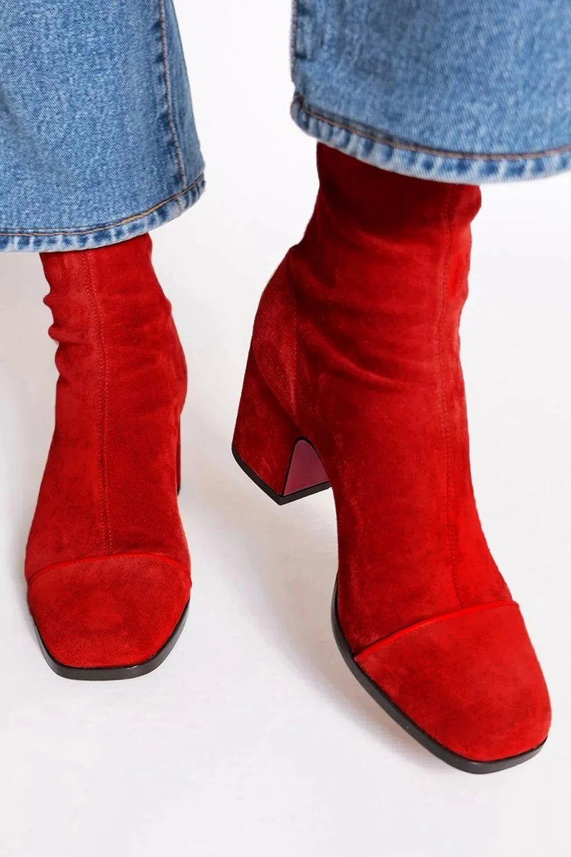 Women's Animal Print Toe Chunky Heel Boots in Soft Suede