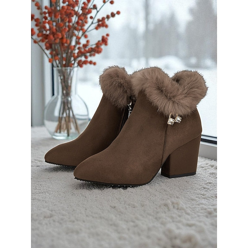 Women's Plush-Collar Pointed-Toe Boots with Side Zip - Brown