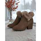 Women's Plush-Collar Pointed-Toe Boots with Side Zip - Brown