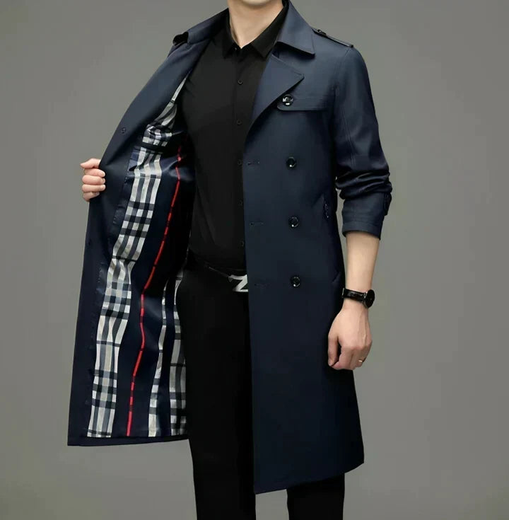 Men's Straight-Fit Longline Double-Breasted Trench Coat - Navy Blue