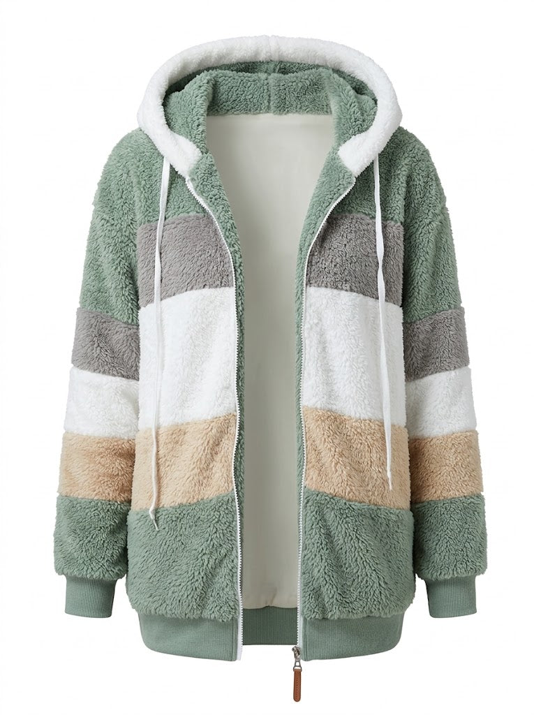 Women's Contrast-Stripe Teddy Fleece Jacket with Hood and Ribbed Hem - Sage Green