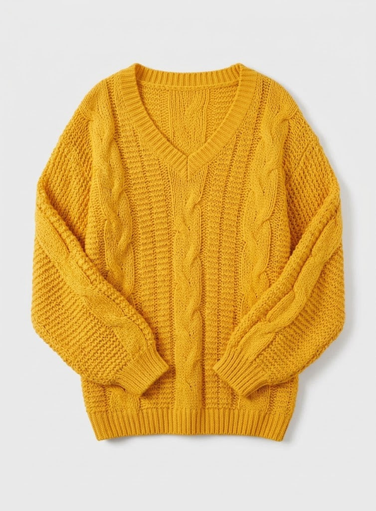 Women's Wide-Neck Cable-Knit Jumper with Ribbed Trims - Yellow