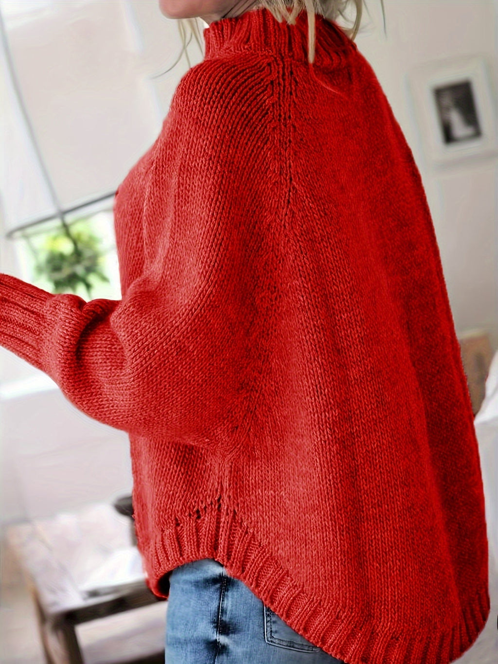 Women's Funnel Neck Thick-Knit Jumper with Cable Stitching