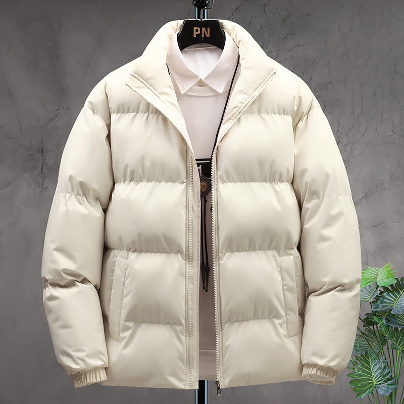 Men's Broad-Channel Puffer Jacket with Stand Collar and Soft Lining - Cream