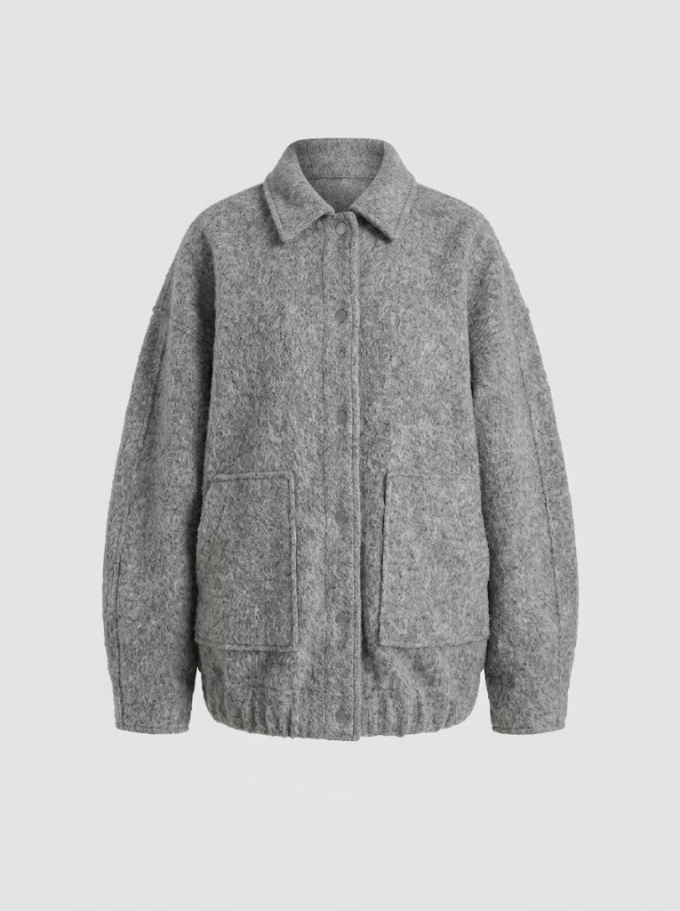 Women's Textured Wool-Blend Edge-to-Edge Coat with Wide Sleeves - Grey