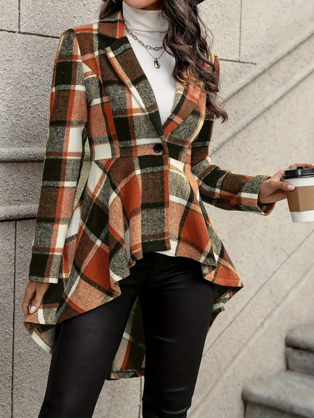 Women's Open-Front Checked Swing Jacket