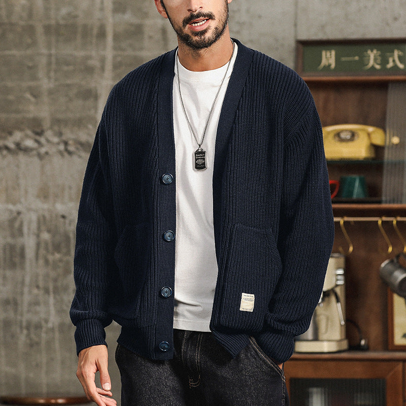 Men's Roomy-Pocket Thick Knit Cotton Cardigan in a Loose Cut