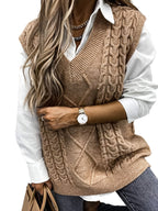 Women's Sleeveless Cable Knit Layering Slipover with V-Neck