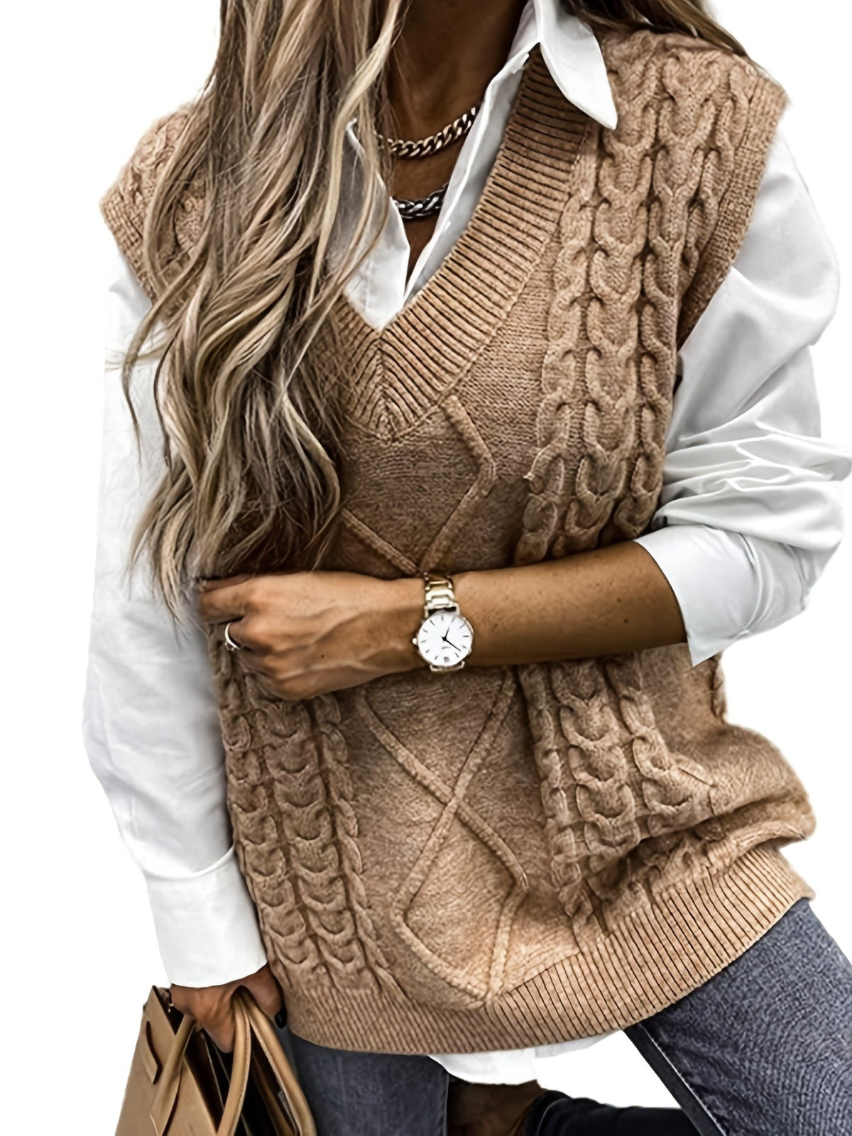 Women's Sleeveless Cable Knit Layering Slipover with V-Neck