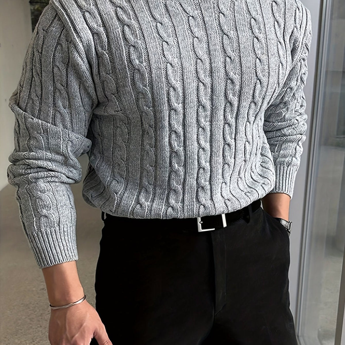Men's Raised Cable Crew Neck Jumper for Office Layering - Grey