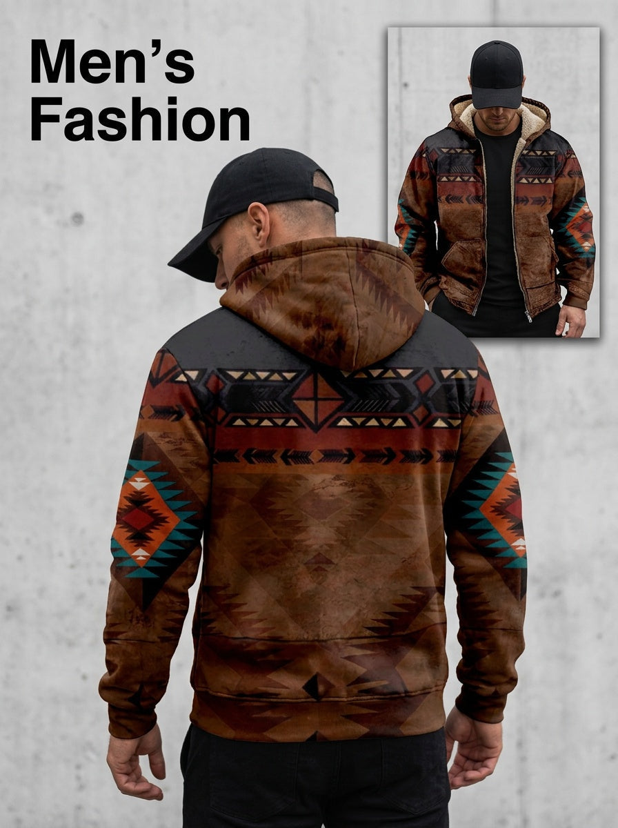 Men's Earthy Southwestern Print Zip-Up Jacket with Plush Lining