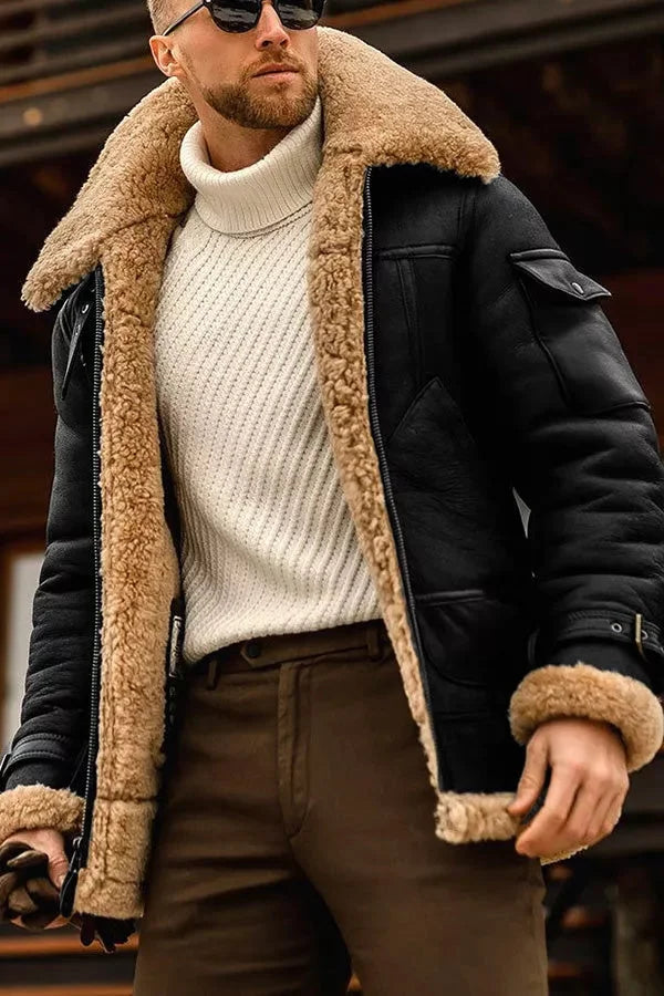 Men's Plush-Lined Aviator Jacket with Oversized Turn-Up Collar - Black