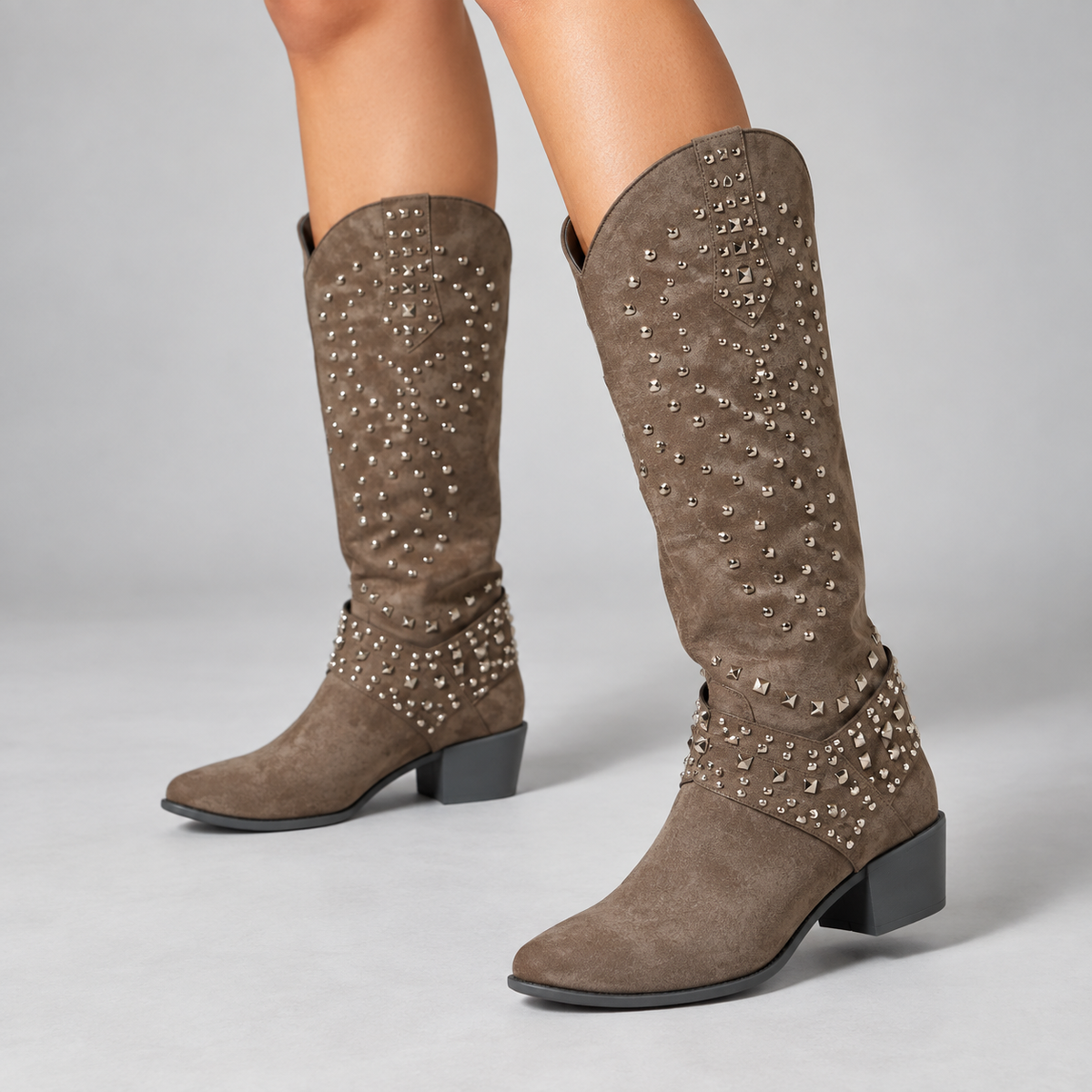 Women's Rivet-Studded Cowgirl Boots with Pointed Toe and Block Heel - Brown