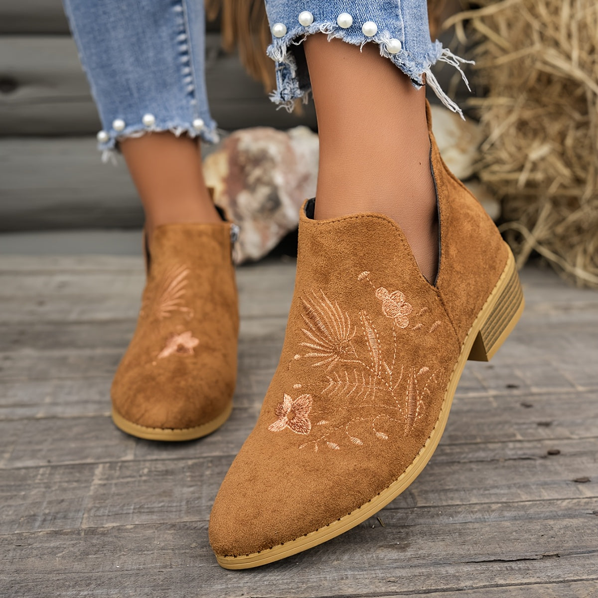 Women's Pointed V-Cut Ankle Boots with Stitched Embroidery - Brown