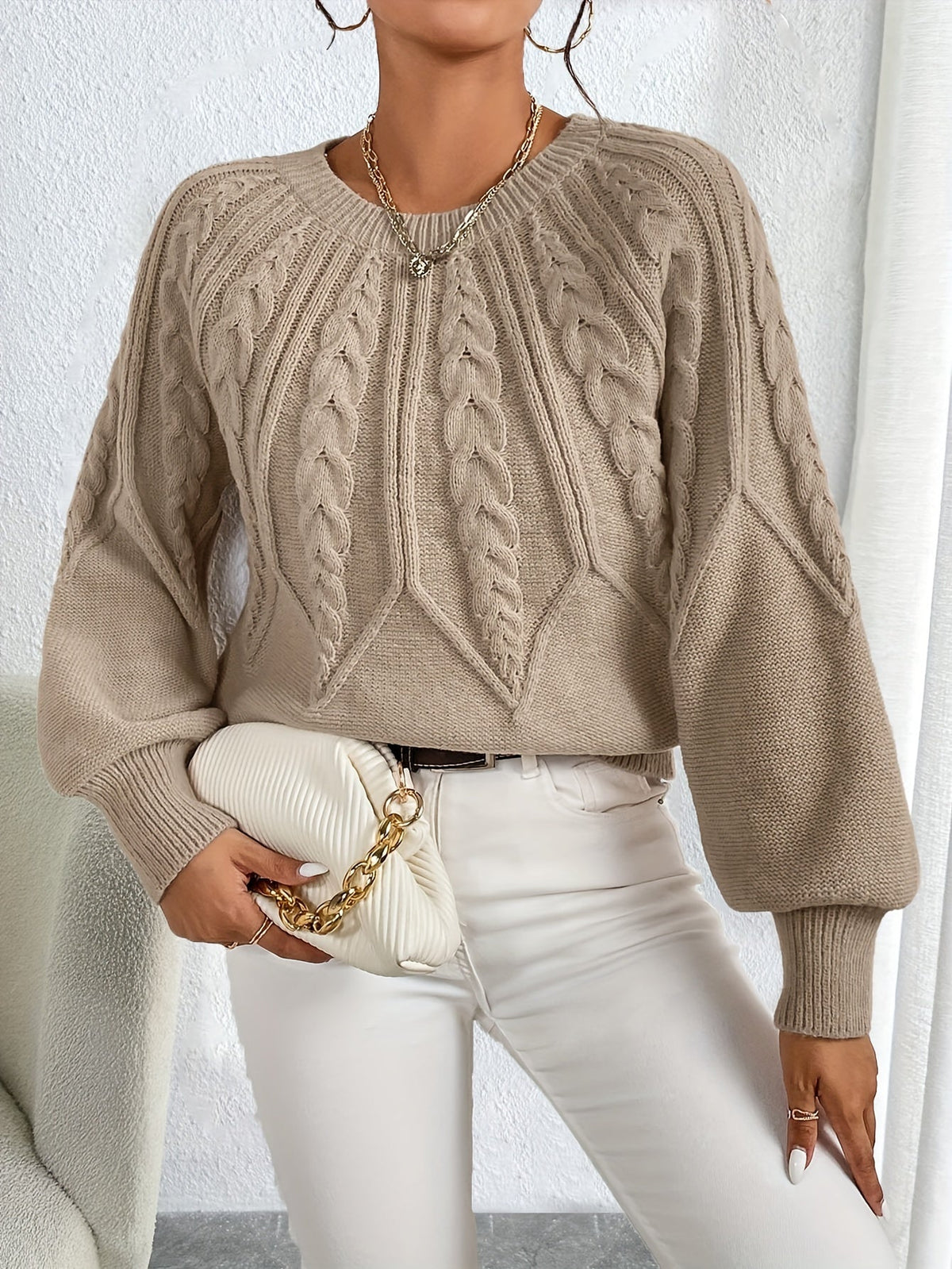 Women's Cable-Knit Jumper with Gathered Lantern Sleeves
