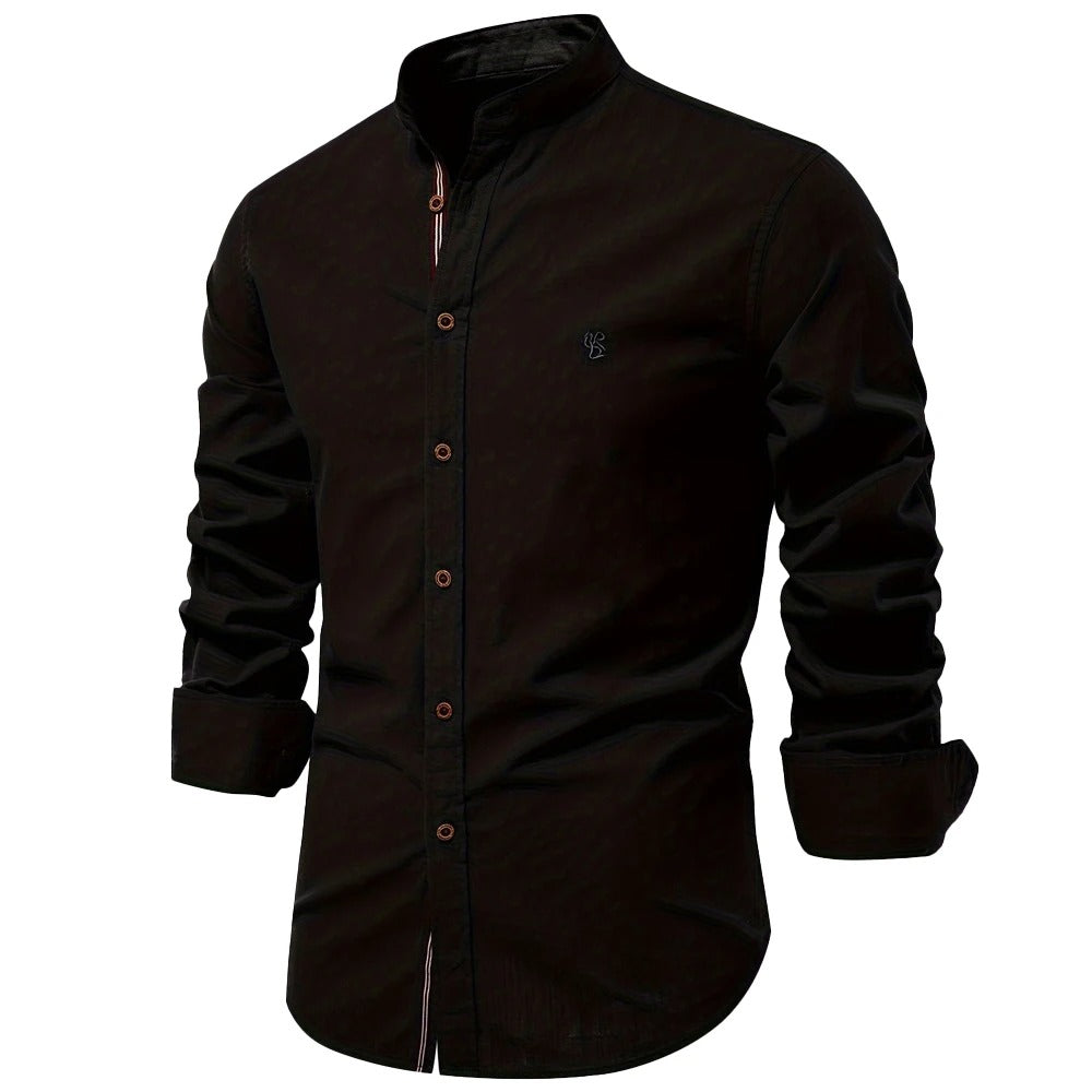 Men's Lightweight Band Collar Summer Shirt in Cotton - Black