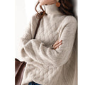 Women's Oversized Cable-Knit Polo Neck Jumper with Ribbed Collar - Beige