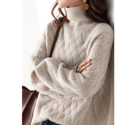 Women's Oversized Cable-Knit Polo Neck Jumper with Ribbed Collar - Beige