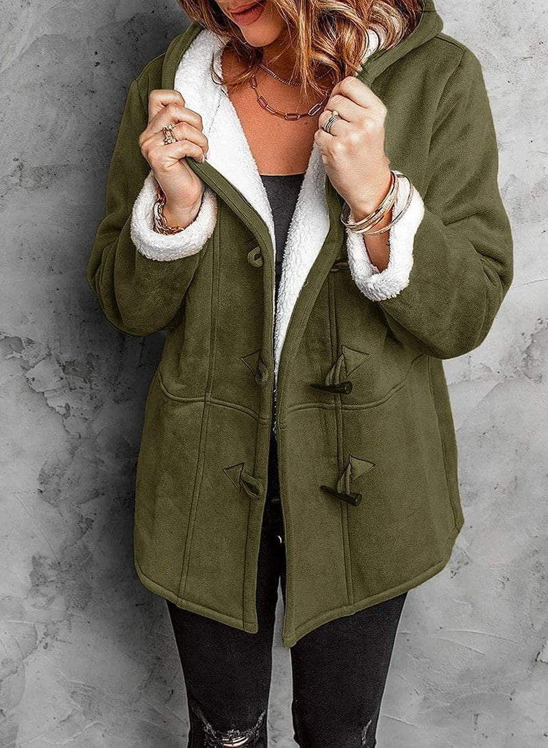 Women's Roomy Toggle-Fastening Duffle Coat with Lined Hood - Olive Green