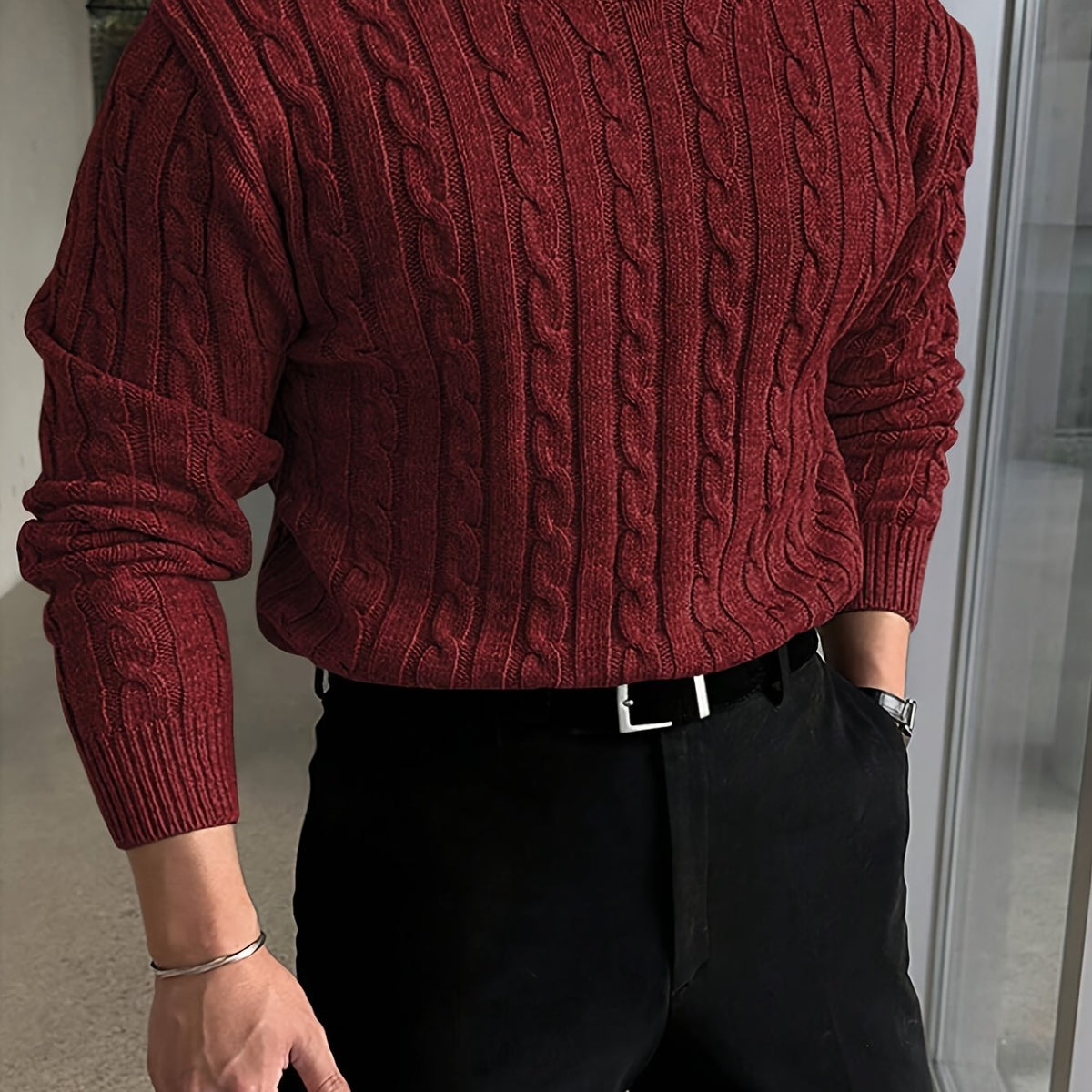 Men's Raised Cable Crew Neck Jumper for Office Layering - Burgundy