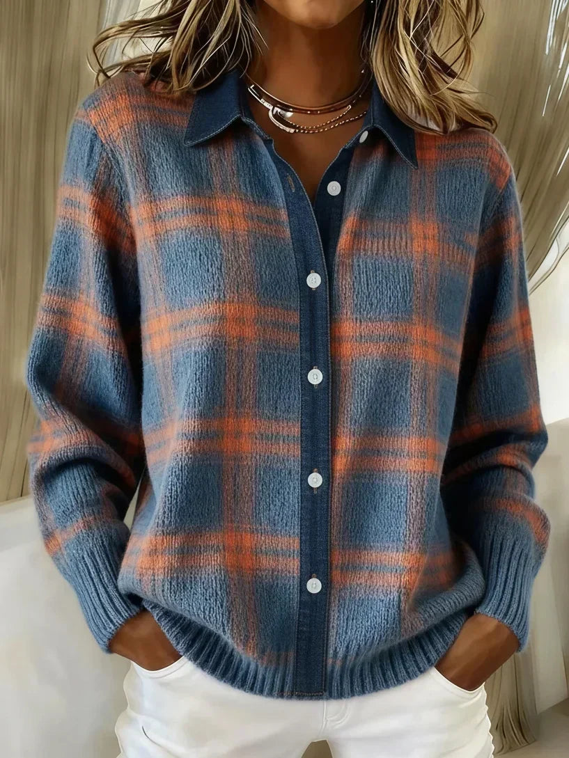 Women's Relaxed Longline Cardigan with Classic Button Front - Blue And Orange