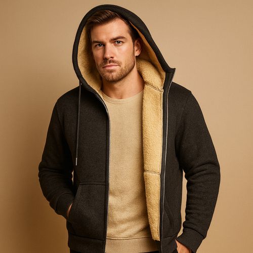 Men's Everyday Fleece-Lined Hoodie with Zip Front and Ribbed Cuffs - Dark Grey