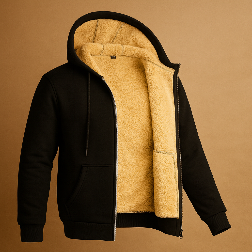 Men's Everyday Fleece-Lined Hoodie with Zip Front and Ribbed Cuffs - Black