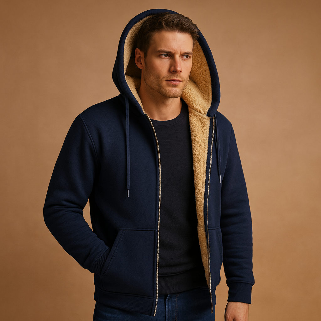 Men's Everyday Fleece-Lined Hoodie with Zip Front and Ribbed Cuffs - Navy Blue