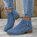 Women's Zip-Up Smooth Fabric Ankle Boots with Low Stacked Heel - Blue