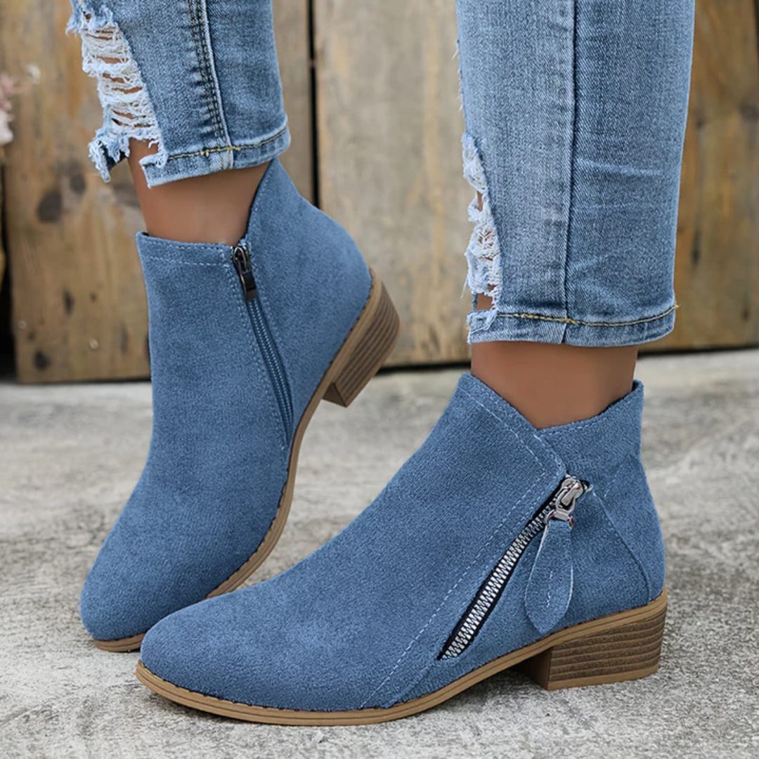 Women's Zip-Up Smooth Fabric Ankle Boots with Low Stacked Heel - Blue