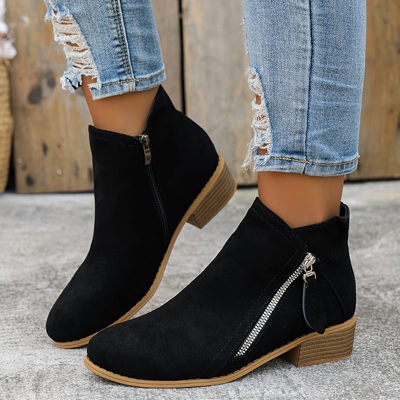 Women's Zip-Up Smooth Fabric Ankle Boots with Low Stacked Heel - Black