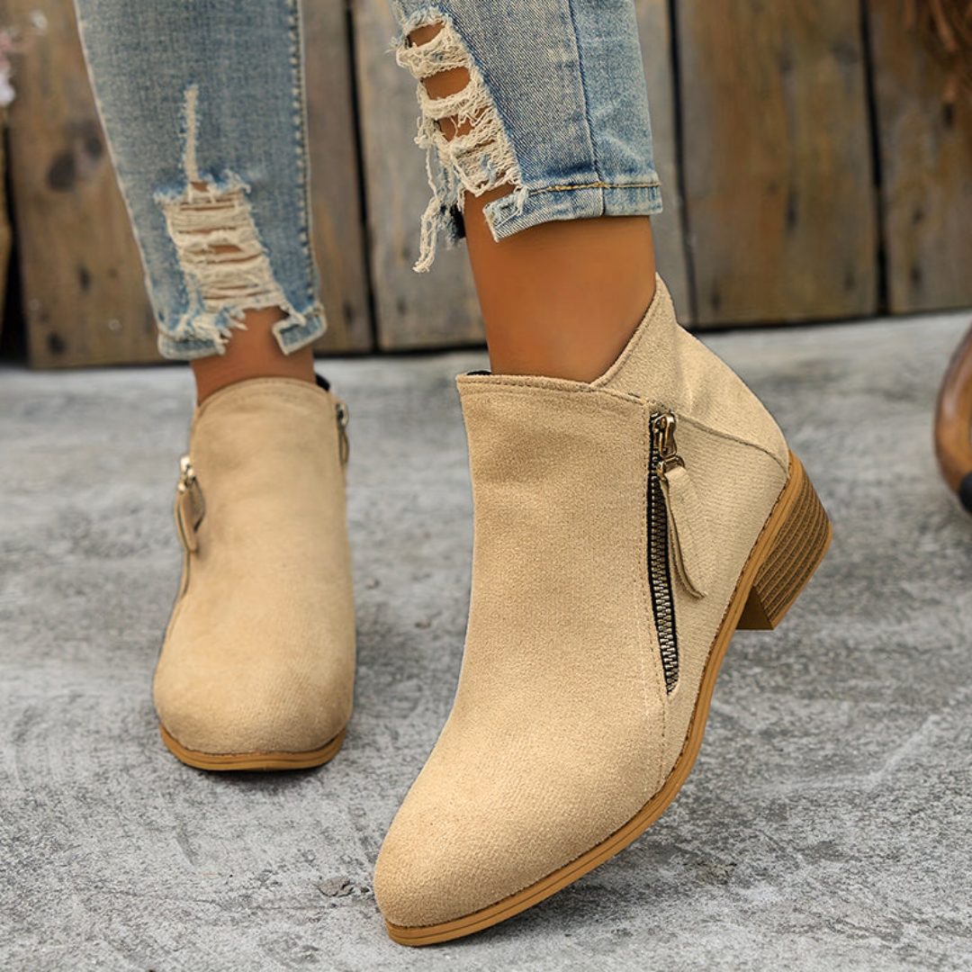 Women's Zip-Up Smooth Fabric Ankle Boots with Low Stacked Heel - Beige