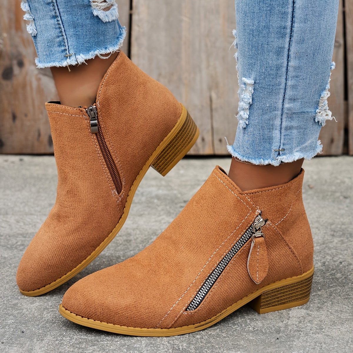 Women's Zip-Up Smooth Fabric Ankle Boots with Low Stacked Heel - Brown