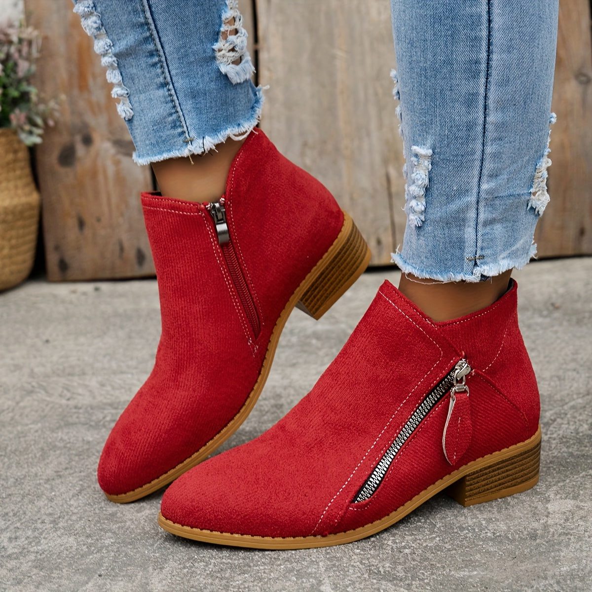 Women's Zip-Up Smooth Fabric Ankle Boots with Low Stacked Heel - Red