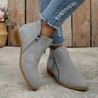 Women's Zip-Up Smooth Fabric Ankle Boots with Low Stacked Heel