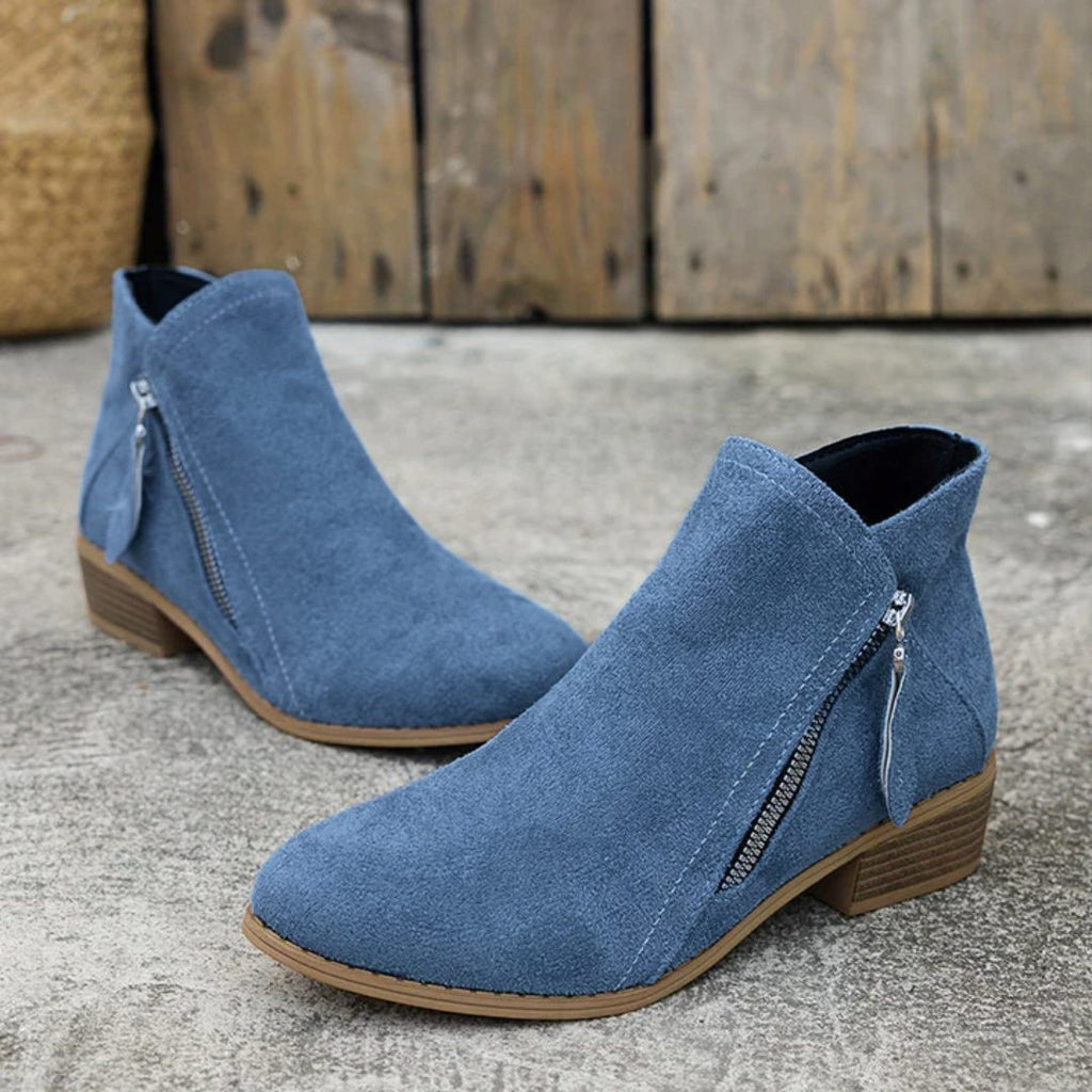 Women's Zip-Up Smooth Fabric Ankle Boots with Low Stacked Heel