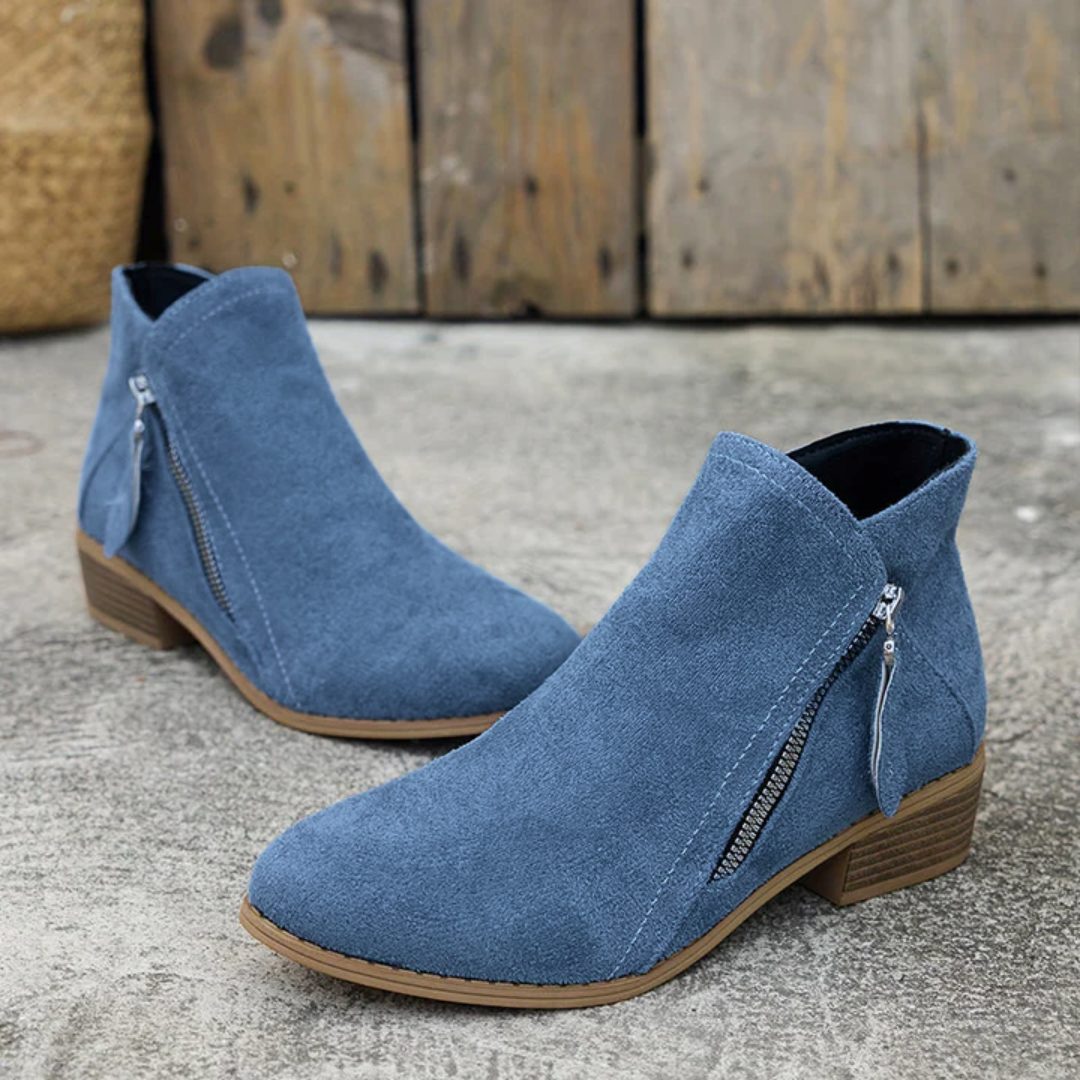 Women's Zip-Up Smooth Fabric Ankle Boots with Low Stacked Heel