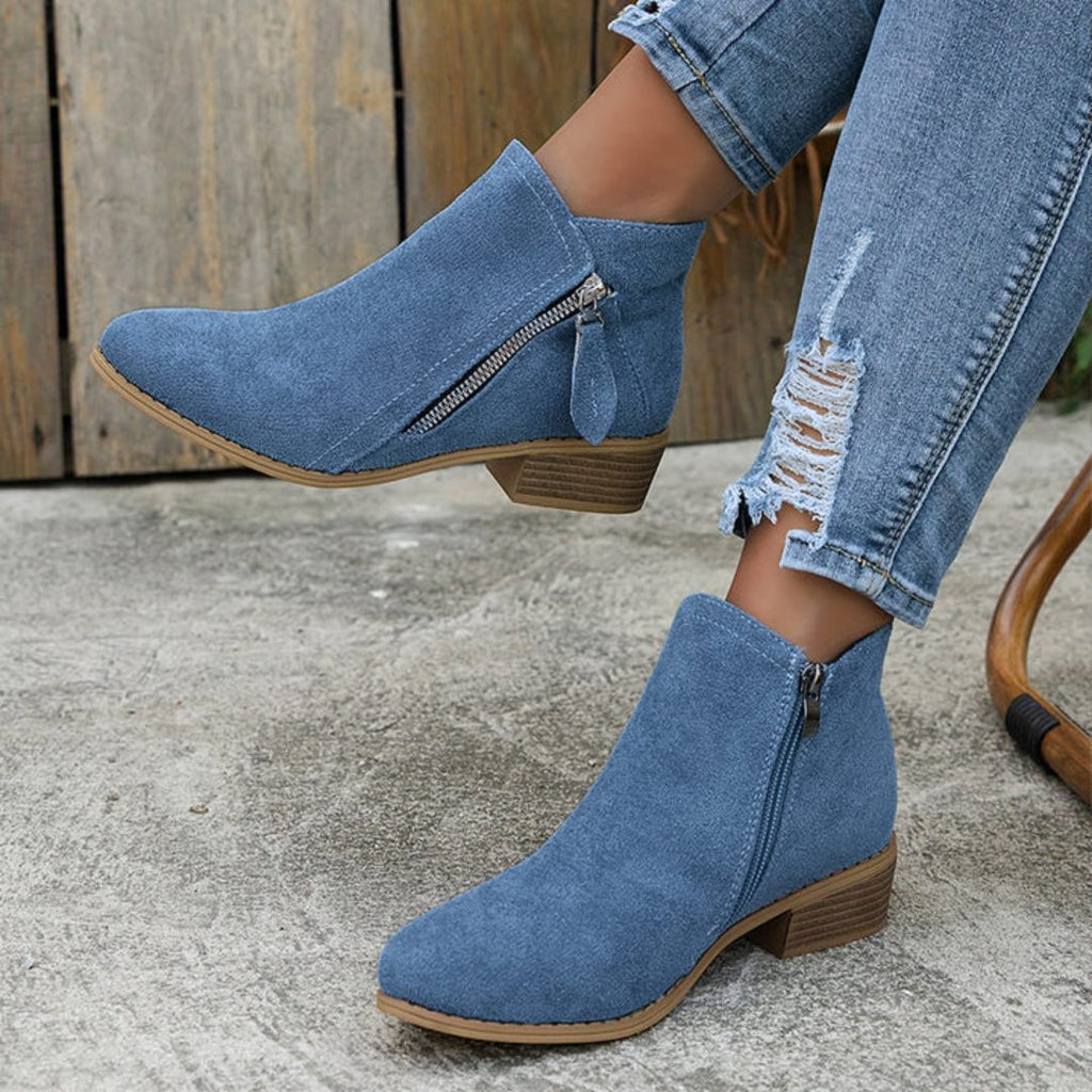 Women's Zip-Up Smooth Fabric Ankle Boots with Low Stacked Heel
