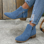 Women's Zip-Up Smooth Fabric Ankle Boots with Low Stacked Heel