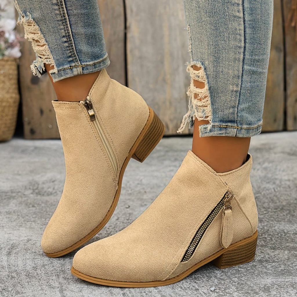 Women's Zip-Up Smooth Fabric Ankle Boots with Low Stacked Heel