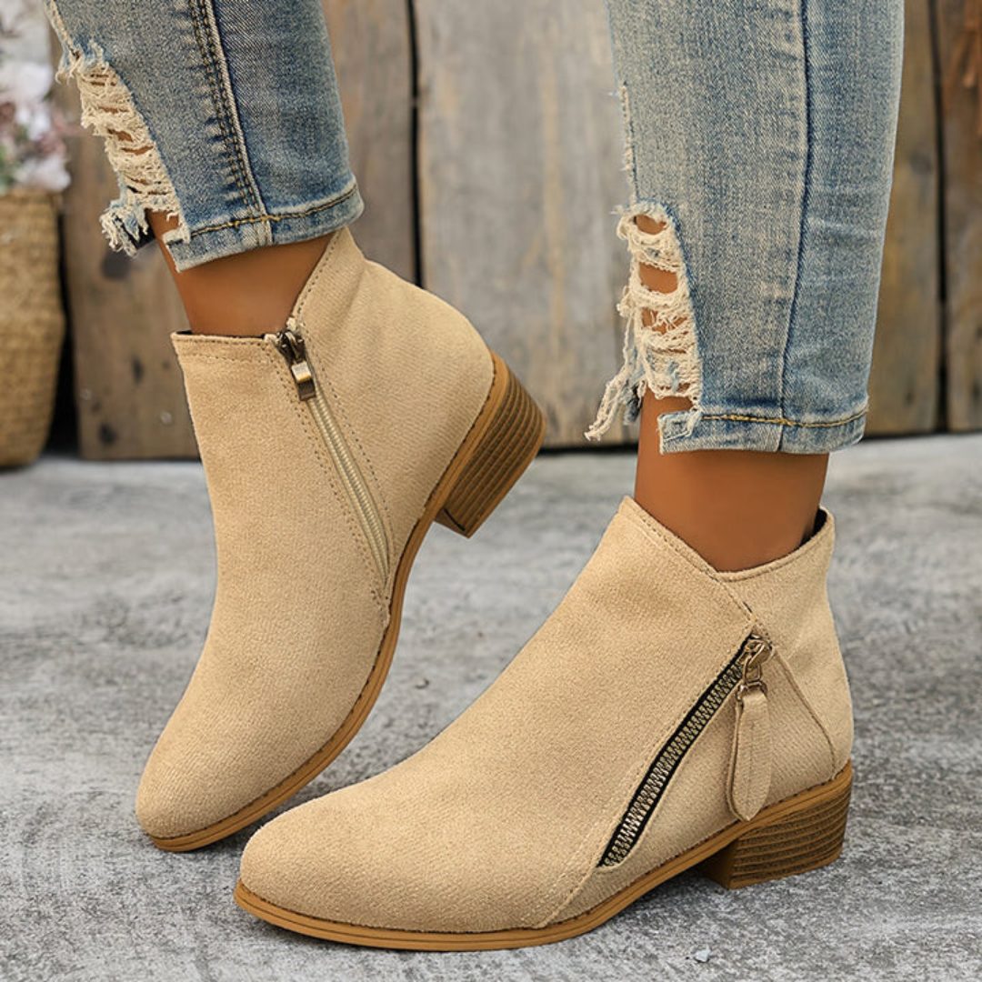 Women's Zip-Up Smooth Fabric Ankle Boots with Low Stacked Heel