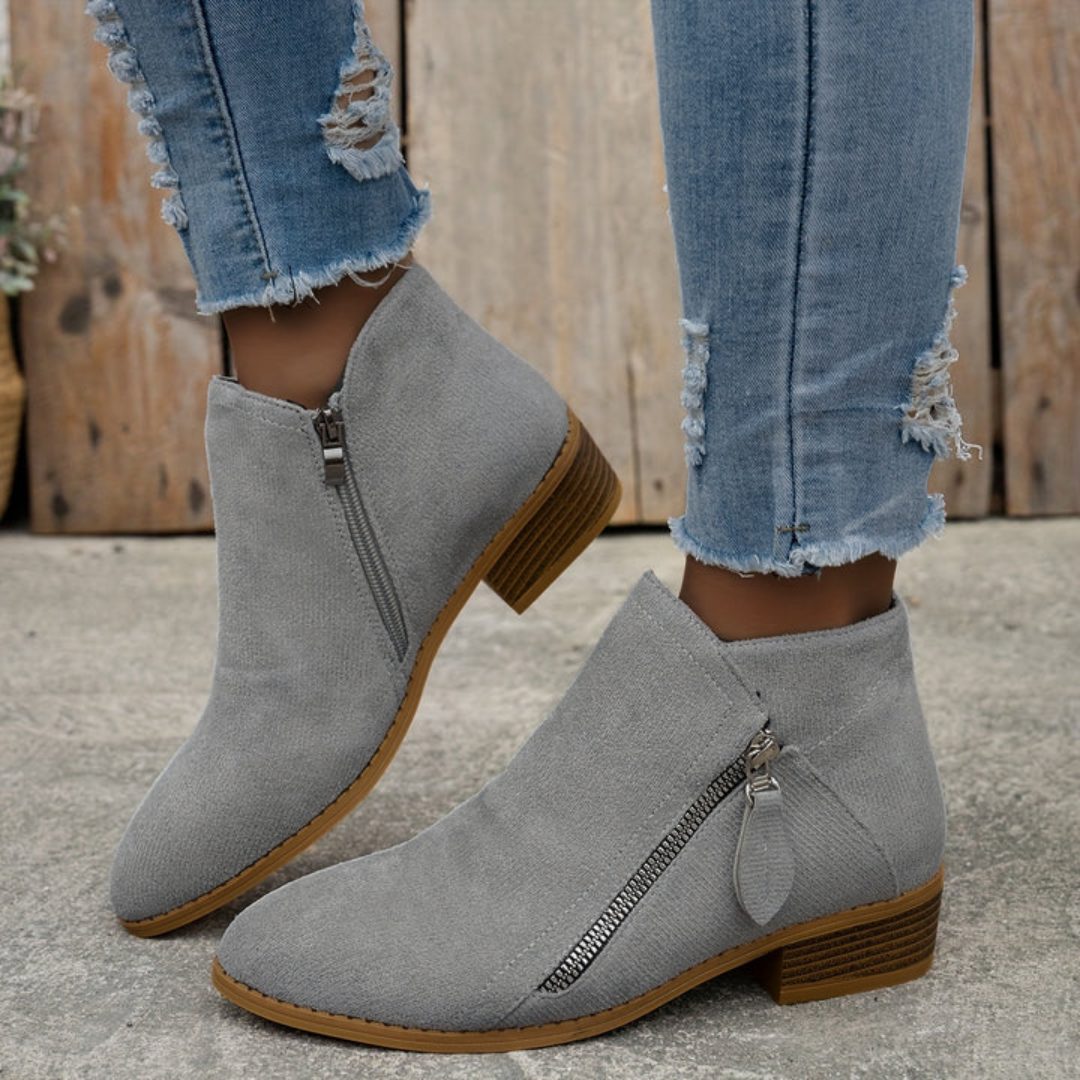 Women's Zip-Up Smooth Fabric Ankle Boots with Low Stacked Heel - Grey