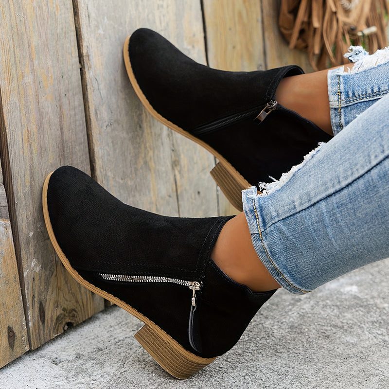 Women's Zip-Up Smooth Fabric Ankle Boots with Low Stacked Heel