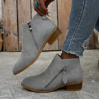 Women's Zip-Up Smooth Fabric Ankle Boots with Low Stacked Heel