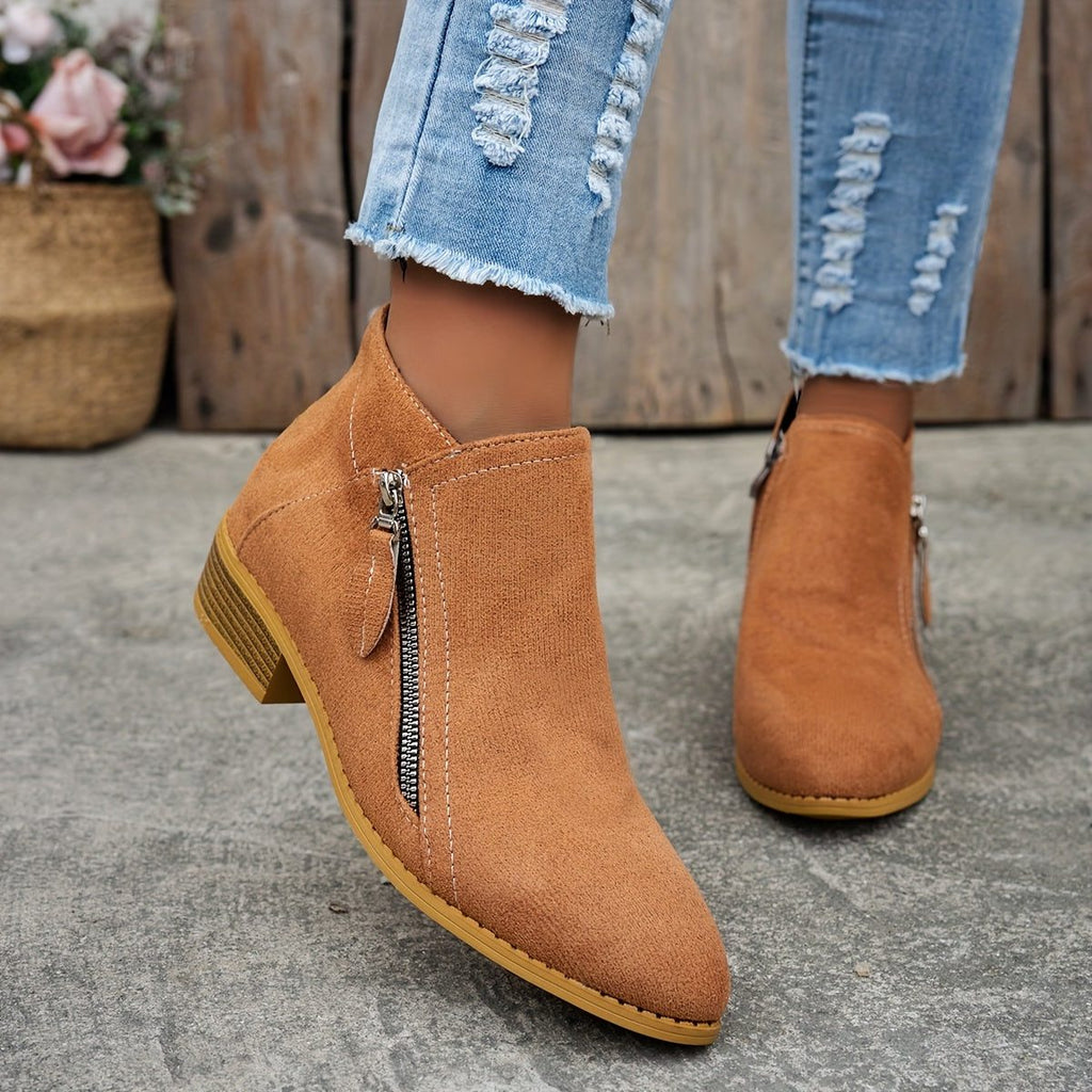 Women's Zip-Up Smooth Fabric Ankle Boots with Low Stacked Heel