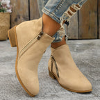 Women's Zip-Up Smooth Fabric Ankle Boots with Low Stacked Heel