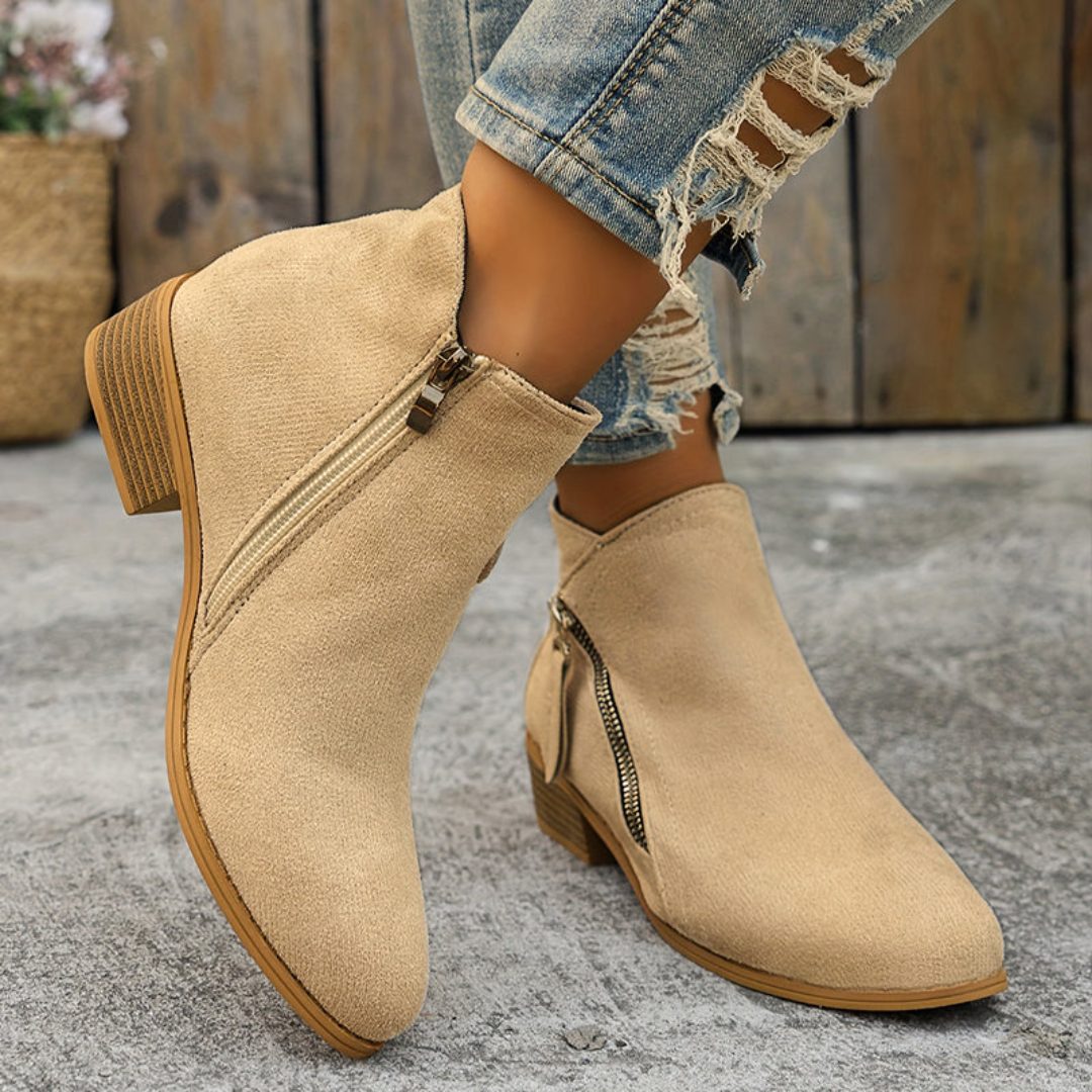 Women's Zip-Up Smooth Fabric Ankle Boots with Low Stacked Heel