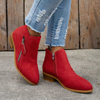 Women's Zip-Up Smooth Fabric Ankle Boots with Low Stacked Heel